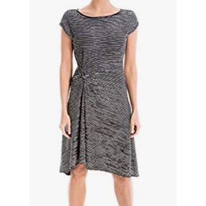 Max Studio Women's Stripe Textured Knit Cap Sleeve Asymmetrical Dress, Black/Whi